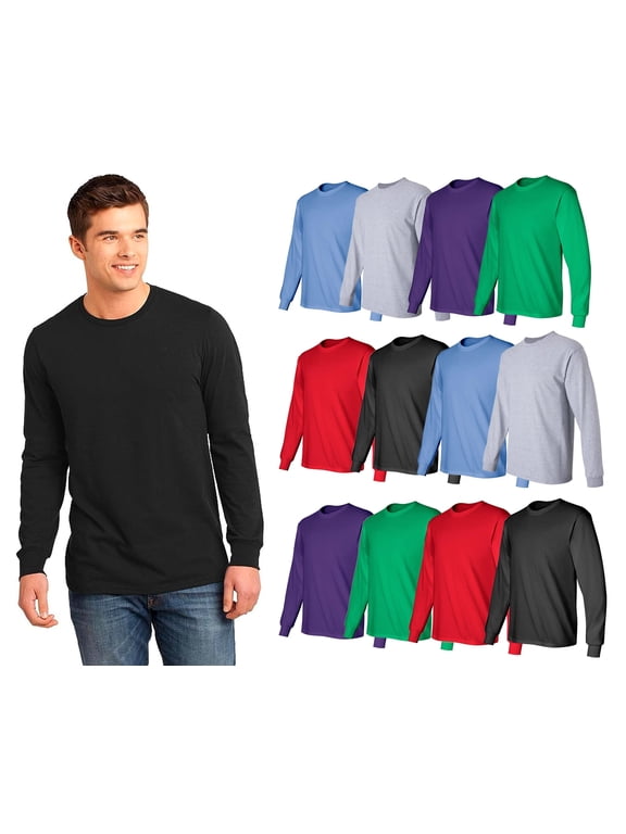 12 Pack Mens Long Sleeve Colorful T-Shirts, 100% Cotton - Crew Neck Bulk Tees for Men, Wholesale Sleeved Tshirt Packs, Medium