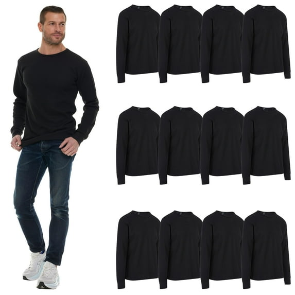 BILLIONHATS 12 Pack Thermal Shirts for Men, Base Layer Tops Bulk Wholesale, Cotton, Solid Colors, Shelter Donations (Black)