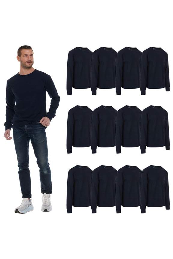 12 Pack Thermal Shirts for Men, Base Layer Tops Bulk Wholesale, Cotton, Solid Colors, Shelter Donations (Navy Blue)