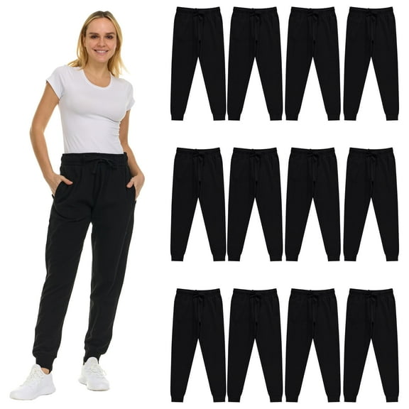 BILLIONHATS 12 Pack of Wholesale Womens Jogger Sweatpants, Bulk Comfy Fleece-Lined Joggers with Ribbed Cuffs for Charities & Homeless Shelter Donations, Color Black, Size 3X-Large