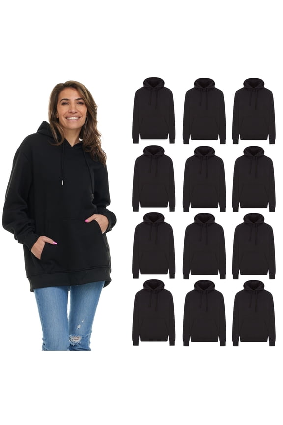12 Pack Women's Hoodie Oversized Sweatshirts, Cotton Blend, Bulk Womens Hoodies Bulk Sweatshirt Pack, Color Black, Size 3X-Large