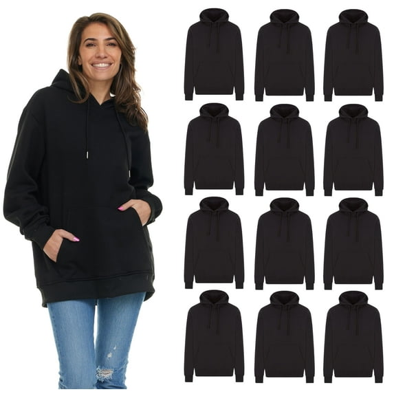 BILLIONHATS 12 Pack Women's Hoodie Oversized Sweatshirts, Cotton Blend, Bulk Womens Hoodies Bulk Sweatshirt Pack, Color Black, Size Medium