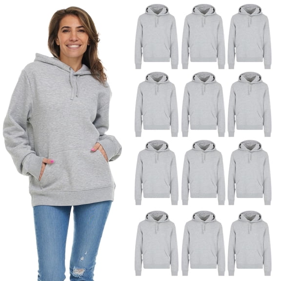 BILLIONHATS 12 Pack Women's Hoodie Oversized Sweatshirts, Cotton Blend, Bulk Womens Hoodies Bulk Sweatshirt Pack, Color Gray, Size Medium