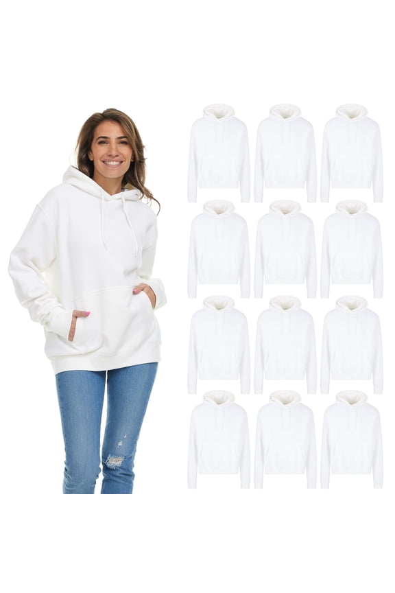 12 Pack Women's Hoodie Oversized Sweatshirts, Cotton Blend, Bulk Womens Hoodies Bulk Sweatshirt Pack, Color White, Size 3X-Large