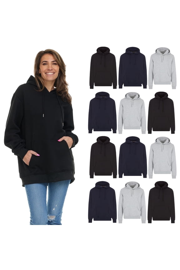 12 Pack Women's Hoodie Oversized Sweatshirts, Cotton Blend, Bulk Womens Hoodies Bulk Sweatshirt Pack, Dark ASST, Size 2X-Large