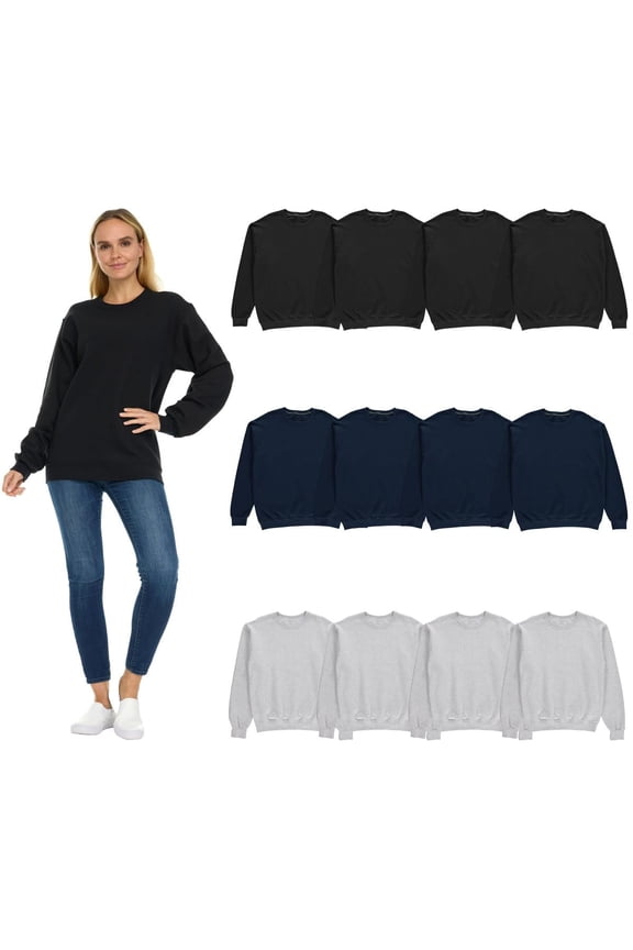 12 Pack Women’s Oversized Crew Neck Sweatshirt, Fleece Lined, Bulk Wholesale Sweatshirts for Charities & Events (12 Pack Assorted Black, Gray, Navy Blue, Large)