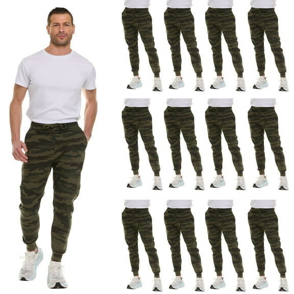 BILLIONHATS 12 Pack of Wholesale Mens Jogger Sweatpants, Homeless Shelter Donation Case, Comfy Bulk Joggers for Men (Green Camo, X-Large)