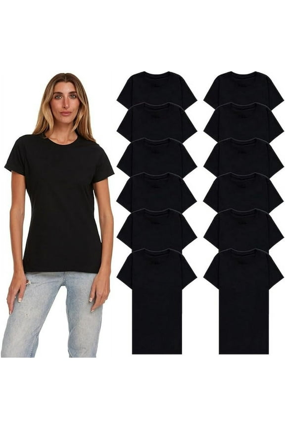 12 Pack of Womens T-Shirts in Bulk, Cotton Crew Neck Scoop Short Sleeve Tees Black Colors Bulk