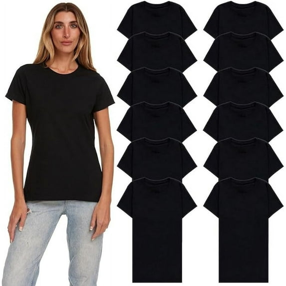 BILLIONHATS 12 Pack of Womens T-Shirts in Bulk, Cotton Crew Neck Scoop Short Sleeve Tees Black Colors Bulk