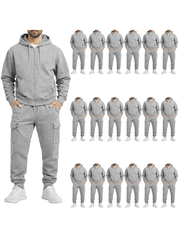 18 Pack Wholesale Zipper Hoodie & Cargo Jogger Pants for Men Bulk Sweatsuit Sets ASSORTED SIZES For Donation Events