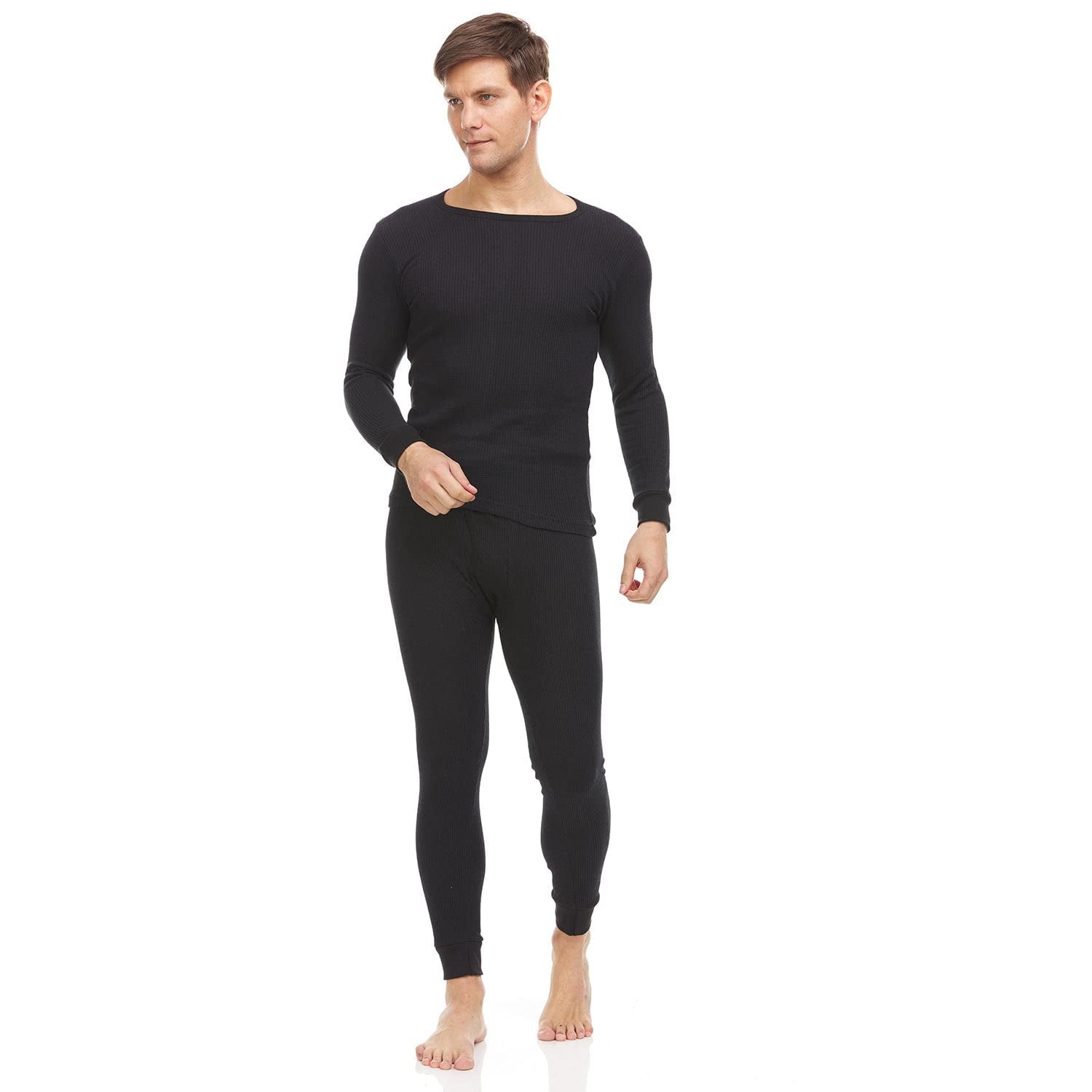 BILLIONHATS 2 Piece Thermal Sets for Men, Base Layer Long Johns Underwear, Top & Bottom, Cotton, Solid Colors Black