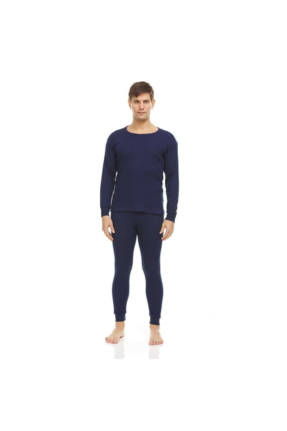 2 Piece Thermal Sets for Men, Base Layer Long Johns Underwear, Top & Bottom, Cotton, Solid Colors Navy Blue