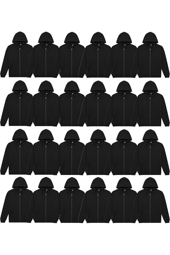 24 Pack Black Adult Full Zip Hoodie Fleece Zip Up Sweatshirts, Soft Cotton Blend Casual Hoodie for Men, Women (Large)