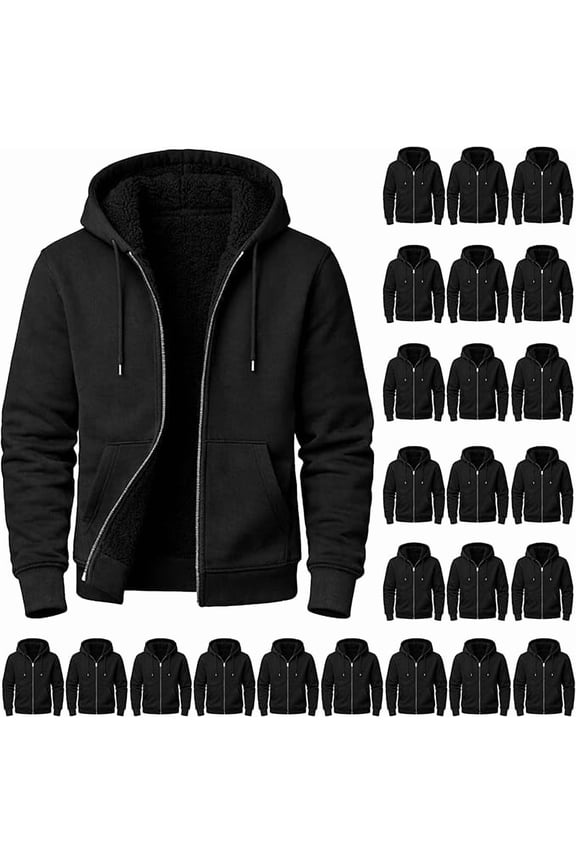 24 Pack Men's Cotton Fleece Sherpa Lined Zipper Hoodie, Wholesale Bulk Donations, ASSORTED SIZES S-XL Color Black
