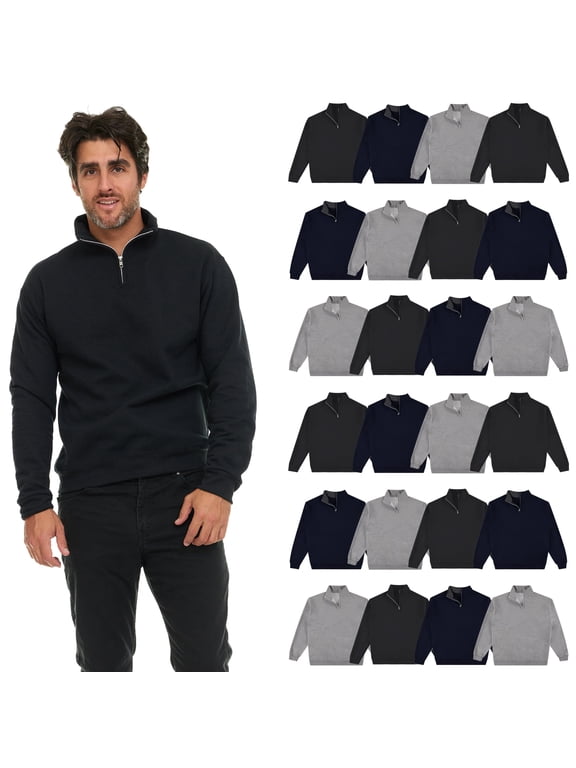 24 Pack Mens Cotton Fleece Quarter Zip Sweatshirts Wholesale - Assorted Colors, Bulk Half Zip Pullover Tops for Men, Cozy Fleece Lined Activewear Size Medium