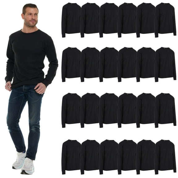 BILLIONHATS 24 Pack Thermal Shirts for Men, Base Layer Tops Bulk Wholesale, Cotton, Solid Colors, Shelter Donations (Black)