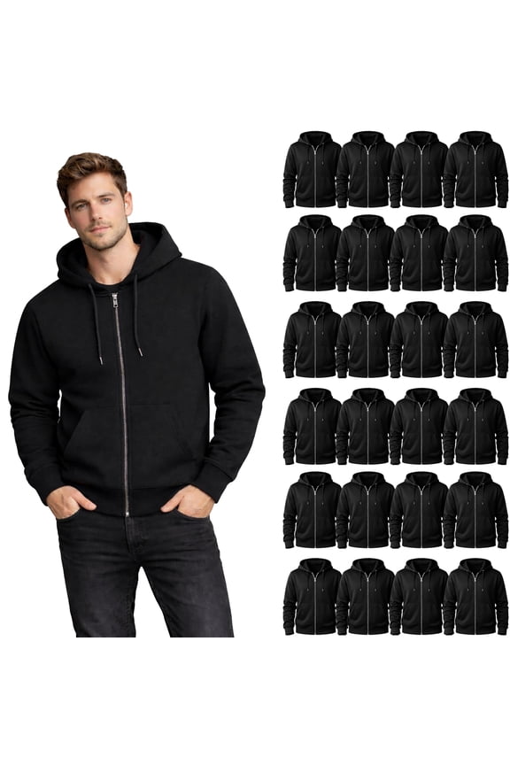24 Pack Wholesale Full Zip Hoodies ASSORTED MIXED SIZES, Bulk Cotton Fleece Zippered Sweatshirts for Men & Women, Shelter Donation, Shelters, Hoodie Case Black Color