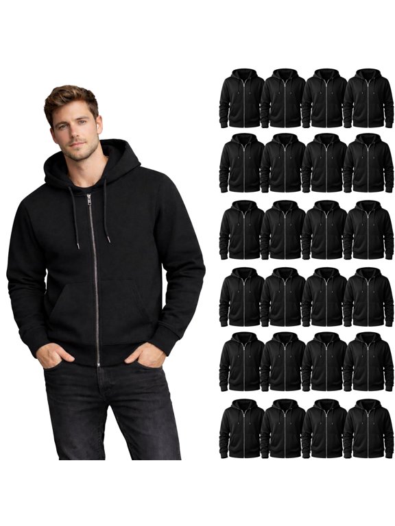 24 Pack Wholesale Full Zip Hoodies ASSORTED MIXED SIZES, Bulk Cotton Fleece Zippered Sweatshirts for Men & Women, Shelter Donation, Shelters, Hoodie Case Black Color