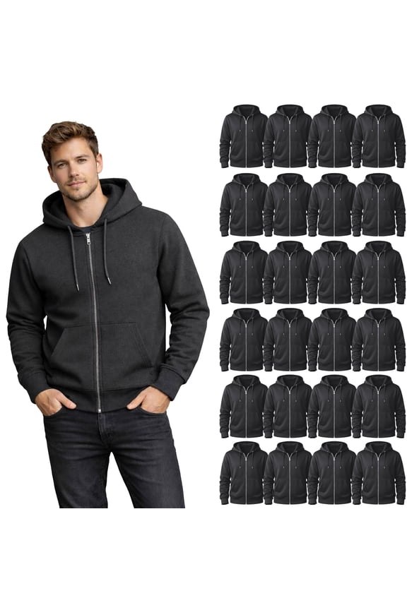 24 Pack Wholesale Full Zip Hoodies ASSORTED MIXED SIZES, Bulk Cotton Fleece Zippered Sweatshirts for Men & Women, Shelter Donation, Shelters, Hoodie Case Charcoal Gray Color