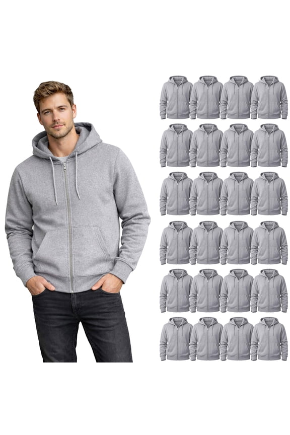 24 Pack Wholesale Full Zip Hoodies ASSORTED MIXED SIZES, Bulk Cotton Fleece Zippered Sweatshirts for Men & Women, Shelter Donation, Shelters, Hoodie Case Heather Color