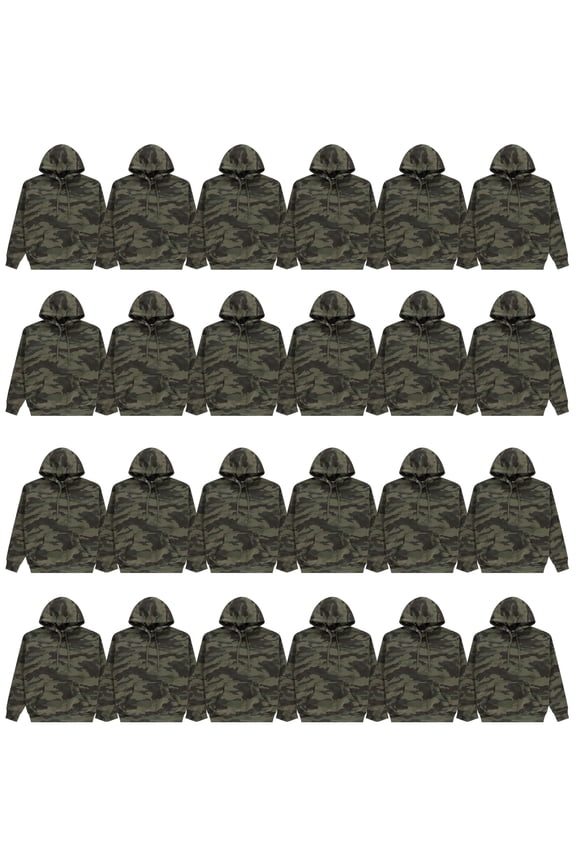 24 Pack Wholesale Green Camo Hoodie Sweatshirts, Mens Heavyweight Fleece Lined Pullover Hoodies, Bulk Adults Sweatshirts, Homeless Donation (3X-Large)