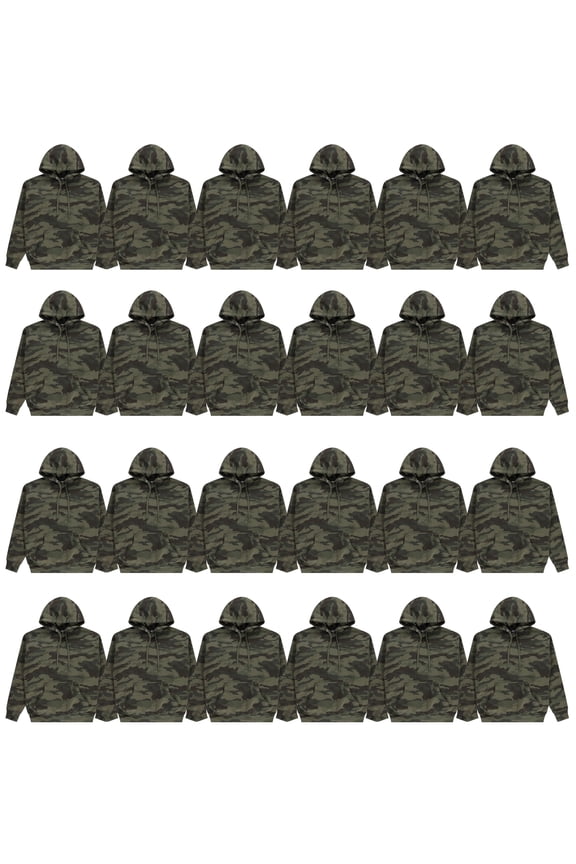 24 Pack Wholesale Green Camo Hoodie Sweatshirts, Mens Heavyweight Fleece Lined Pullover Hoodies, Bulk Adults Sweatshirts, Homeless Donation (3X-Large)