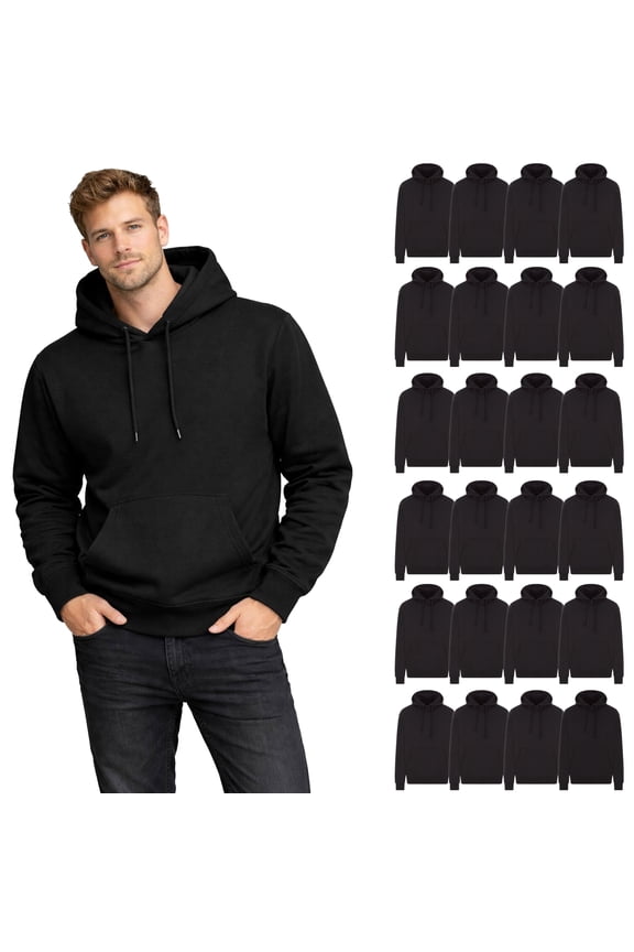 24 Pack Wholesale Pullover Fleece Hoodies ASSORTED MIXED SIZES, Bulk Cotton Fleecen Non Zippered Sweatshirts for Men & Women, Shelter Donation, Shelters, Hoodie Case Black Color