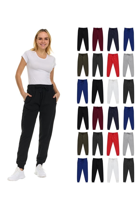 24 Pack of Wholesale Womens Jogger Sweatpants, Bulk Comfy Fleece-Lined Joggers with Ribbed Cuffs for Charities & Homeless Shelter Donations, Color Assorted, Size Medium