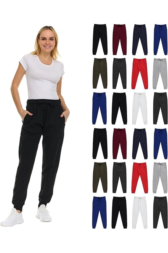 24 Pack of Wholesale Womens Jogger Sweatpants, Bulk Comfy Fleece-Lined Joggers with Ribbed Cuffs for Charities & Homeless Shelter Donations, Color Assorted, Size Medium