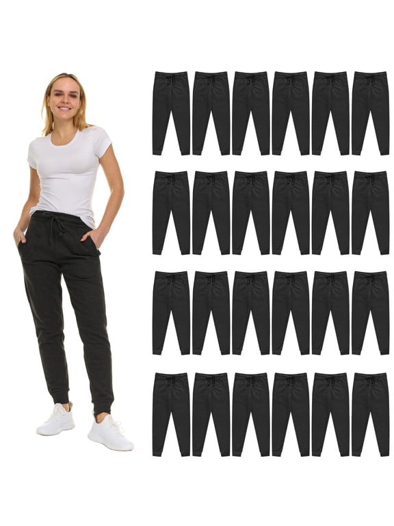 24 Pack of Wholesale Womens Jogger Sweatpants, Bulk Comfy Fleece-Lined Joggers with Ribbed Cuffs for Charities & Homeless Shelter Donations, Color Charcoal Gray, Size X-Large