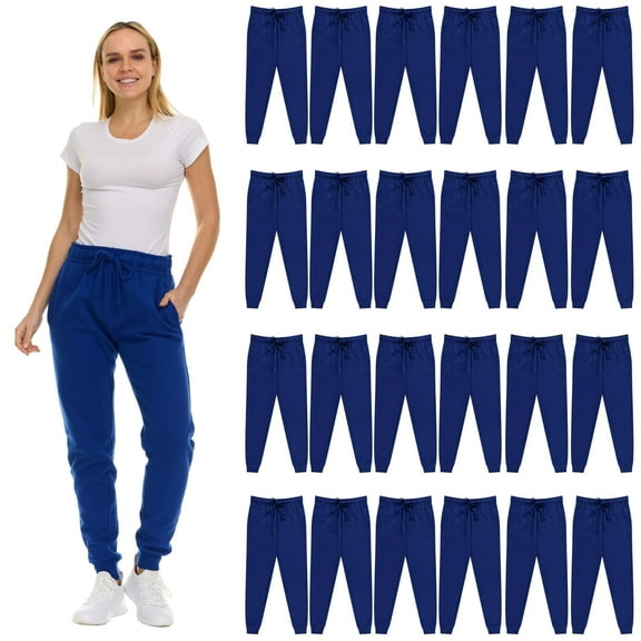 BILLIONHATS 24 Pack of Wholesale Womens Jogger Sweatpants, Bulk Comfy Fleece-Lined Joggers with Ribbed Cuffs for Charities & Homeless Shelter Donations, Color Royal Blue, Size Small