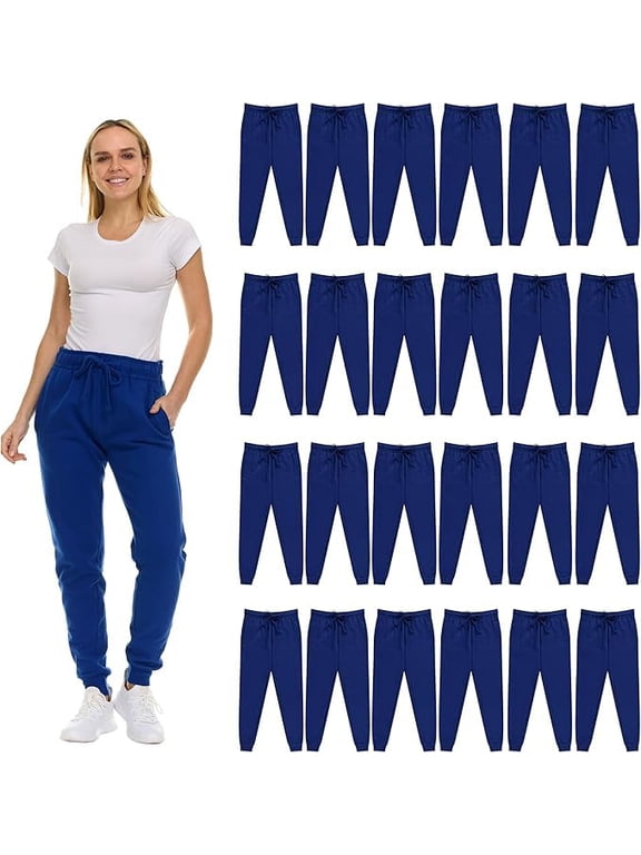 24 Pack of Wholesale Womens Jogger Sweatpants, Bulk Comfy Fleece-Lined Joggers with Ribbed Cuffs for Charities & Homeless Shelter Donations, Color Royal Blue, Size Small