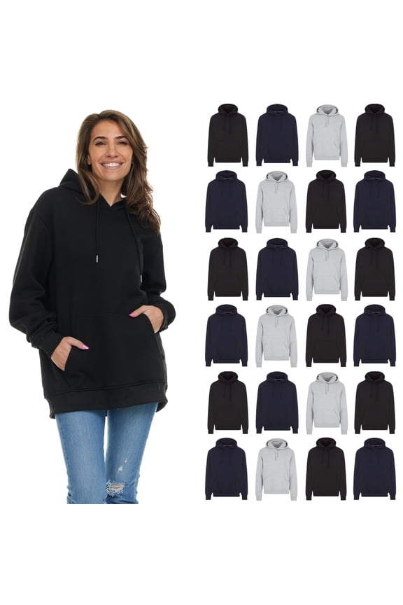 24 Pack Women's Hoodie Oversized Sweatshirts, Cotton Blend, Bulk Womens Hoodies Bulk Sweatshirt Pack, Dark ASST, Size Large
