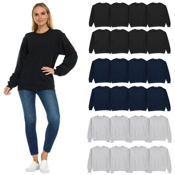 BILLIONHATS 24 Pack Women’s Oversized Crew Neck Sweatshirt, Fleece Lined, Bulk Wholesale Sweatshirts for Charities & Events (24 Pack Assorted Black, Gray, Navy Blue, 3X-Large)