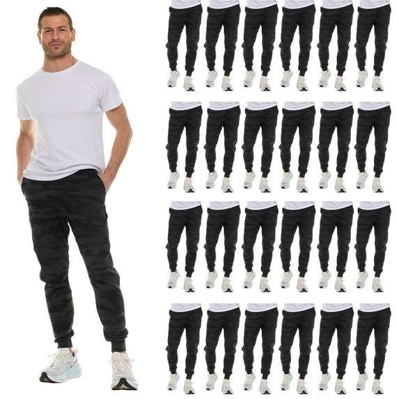 BILLIONHATS 24 Pack of Wholesale Mens Jogger Sweatpants, Homeless Shelter Donation Case, Comfy Bulk Joggers for Men (Black Camo, Small)