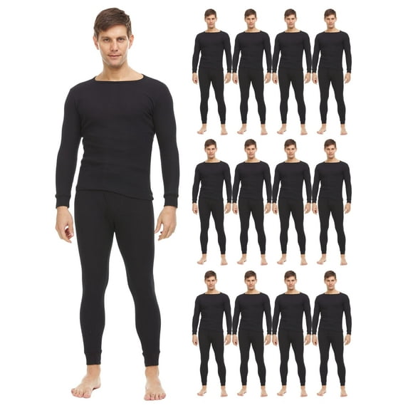 BILLIONHATS 2pc Thermal Sets for Men, Base Layer Long Johns Underwear, Top & Bottom, Cotton, Solid Colors (Large, 12 Pack Black)