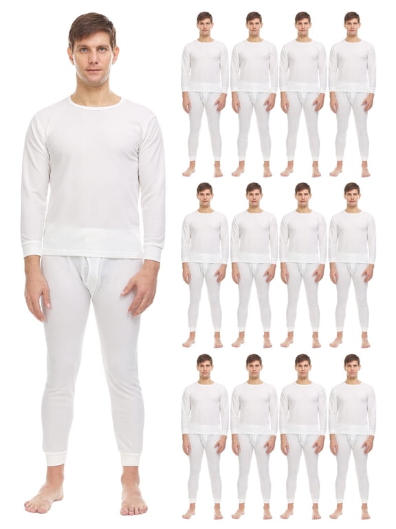 2pc Thermal Sets for Men, Base Layer Long Johns Underwear, Top & Bottom, Cotton, Solid Colors (XX-Large, 12 Pack Off White)