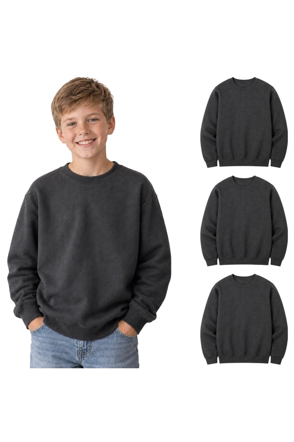 3 Pack Charcoal Gray Kids Crewneck Sweatshirts, Bulk Youth Fleece Pullover Sweatshirt, Wholesale Children’s Crew Neck Sweaters Boys Girls (2X-Large)