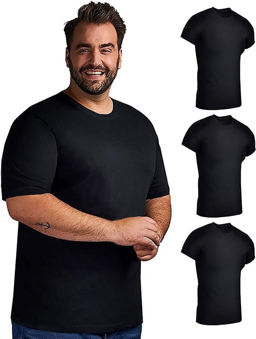 BILLIONHATS 3 Pack Mens Lightweight Cotton TShirts, Black Crew Tees in Bulk