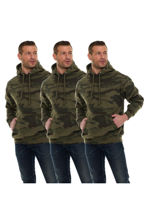 3 Pack Wholesale Green Camo Hoodie Sweatshirts, Mens Heavyweight Fleece Lined Pullover Hoodies, Bulk Adults Sweatshirts, Homeless Donation (Large)