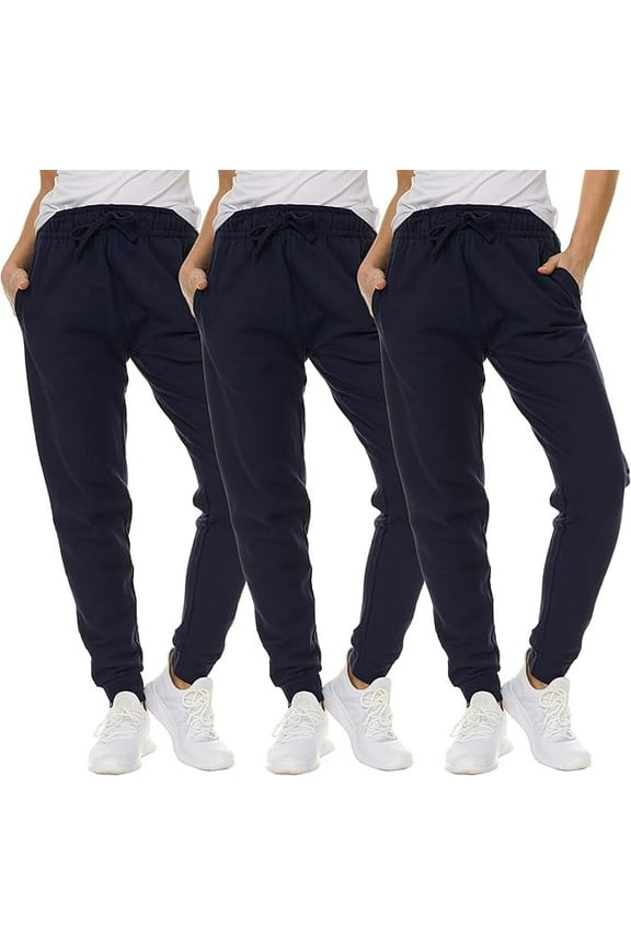 3 Pack of Womens Jogger Fleece-Lined Sweatpants, Bulk Comfy Joggers with Ribbed Cuffs, Bulk Soft Jogger Pants for Women, Color Navy, Size 3X-Large
