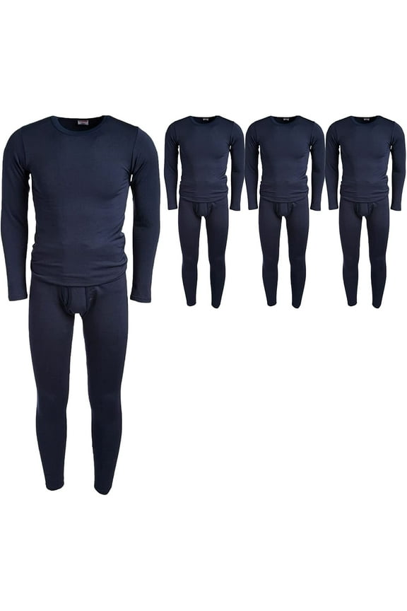3 Pack of 2pc Thermal Sets for Men, Base Layer Long Johns Underwear, Top & Bottom, Cotton, Solid Colors (Large, Navy Blue)