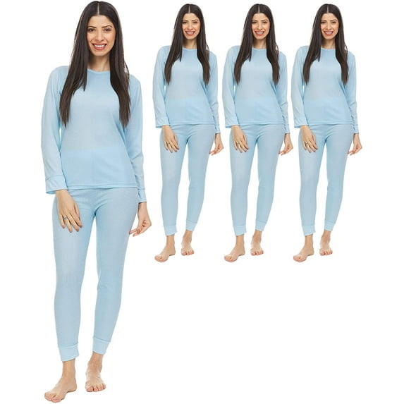 BILLIONHATS 3 Pack of 2pc Thermal Sets for Women, Base Layer Long Johns Underwear, Top & Bottom, Cotton, Solid Colors (Large, Light Blue)