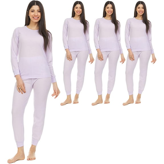 BILLIONHATS 3 Pack of 2pc Thermal Sets for Women, Base Layer Long Johns Underwear, Top & Bottom, Cotton, Solid Colors (Large, Purple)