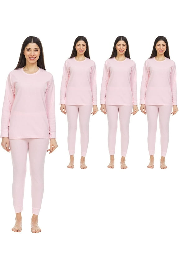 3 Pack of 2pc Thermal Sets for Women, Base Layer Long Johns Underwear, Top & Bottom, Cotton, Solid Colors (Medium, Pink)