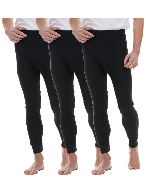 3 Pack Thermal Pants for Men, Long Johns Mens Underwear Bulk Wholesale, Cotton, Solid Colors, Large Black