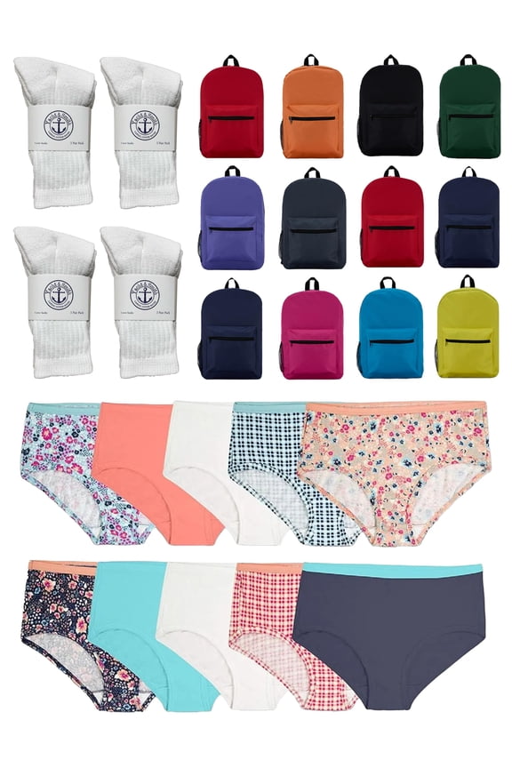 36 Piece Girls Clothing Kit - Bulk 12 Pairs White Crew Socks, 12 Backpacks & 12 Pcs Kids Underwear SIZE-6 - Wholesale Donation Set for School & Shelter Programs