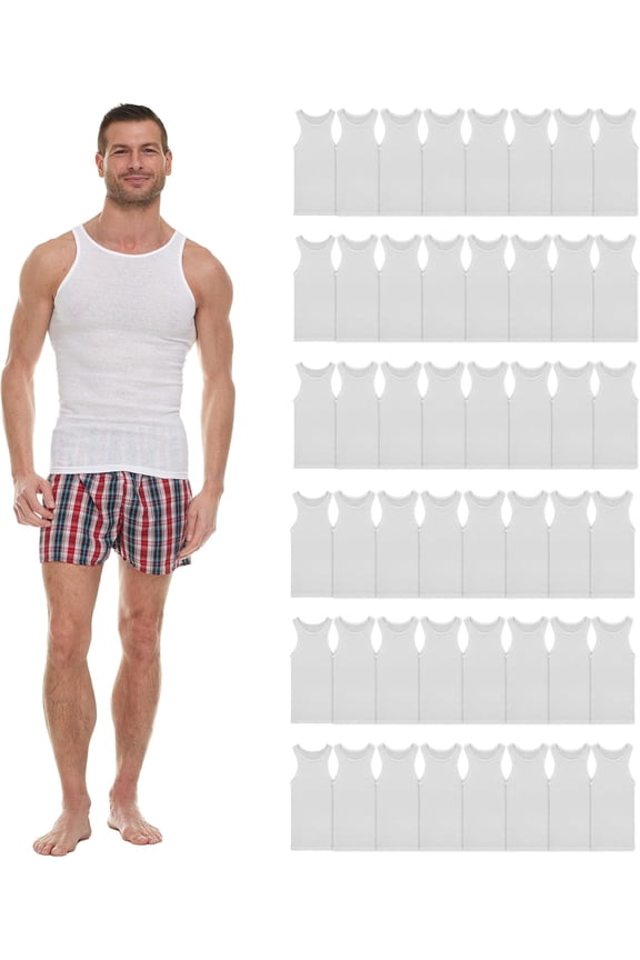 48 Pack of Mens Cotton Undershirt, Ribbed Tank Top A Shirt White Assorted Sizes S-XL, Wholesale Bulk