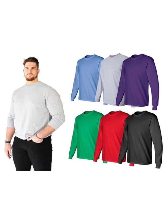 6 Pack Big & Tall Long Sleeve Colorful T-Shirts for Mens Cotton Blend - Crew Neck Bulk Tees Wholesale Packs
