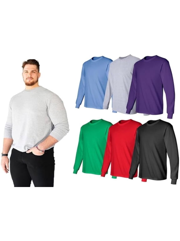 6 Pack Big & Tall Long Sleeve Colorful T-Shirts for Mens Cotton - Crew Neck Bulk Tees Wholesale Packs